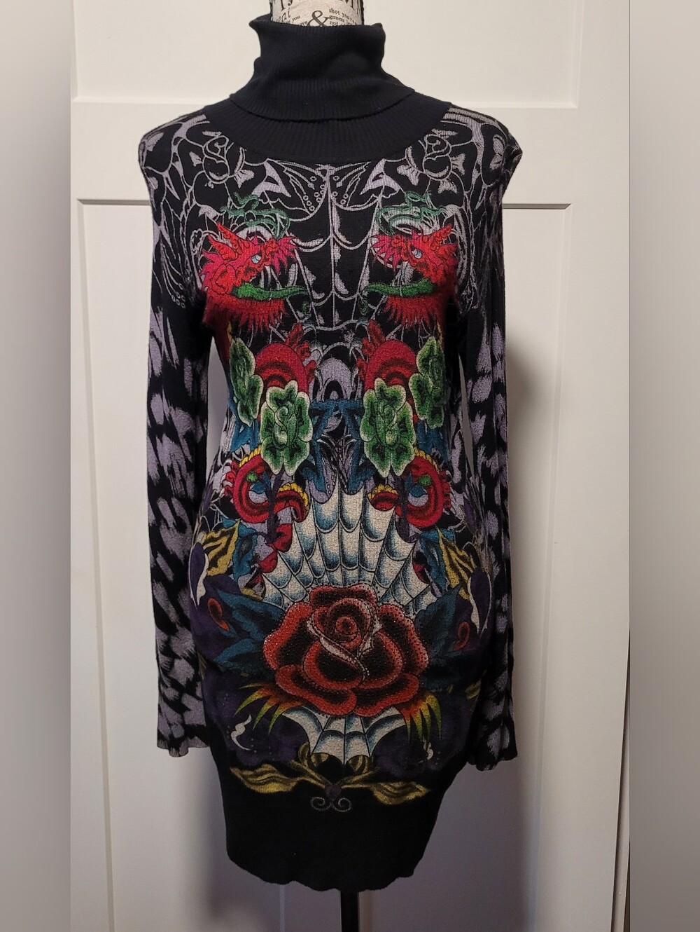 Ed Hardy Women Vintage Turtleneck Sweater Dress Dragon Rose Y2K Mcbling Grunge M
